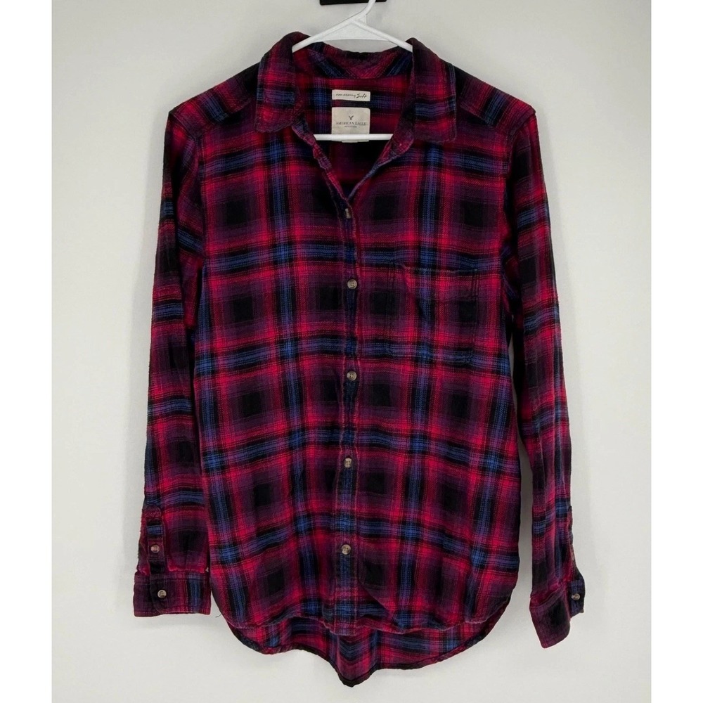 American Eagle Ahmazingly Soft Flannel Shirt Womens Medium Blue Red Boyfriend